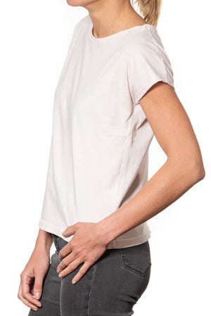 T shirt coton bio eco responsable femme col rond evase manche courte forme ajustée rose pale uni suny