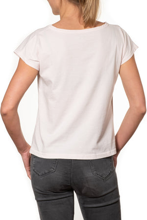 T shirt coton bio eco responsable femme col rond evase manche courte forme ajustée rose pale uni suny
