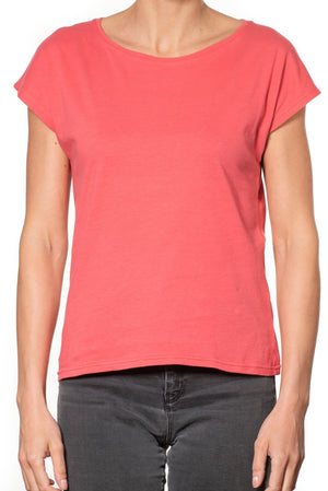 T shirt coton bio eco responsable femme col rond evase manche courte forme ajustée rouge uni suny