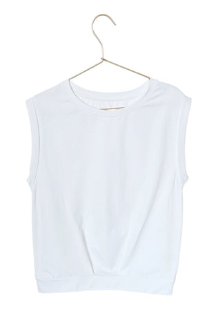 Tee-shirt blanc de yoga écoresponsable Suny x Marina, col rond et emmanchures évasées