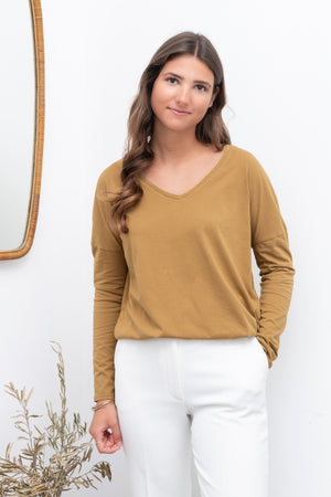 T shirt femme col V manche longue coton bio souple forme oversize HAVANE