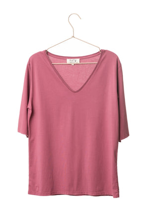 tee-shirt col V Flora V en coton bio lie de vin - Suny