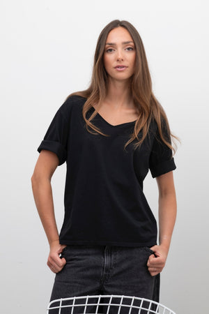 tee shirt FLORA V noir tee shirt femme manche trois quart (3/4) au coude, col V coton bio