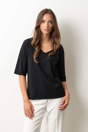 tee shirt FLORA V noir tee shirt femme manche trois quart (3/4) au coude, col V coton bio