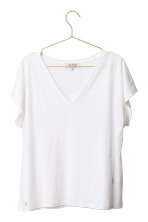 tee shirt écru, blanc cassé femme col V en lin et coton