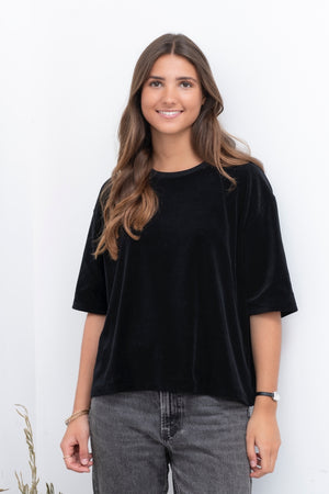 Tee-shirt HERMINE en velours noir très noir – coton bio, coupe ample