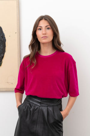 Tee-shirt HERMINE en velours rose fuchsia – coton bio GOTS, coupe oversize