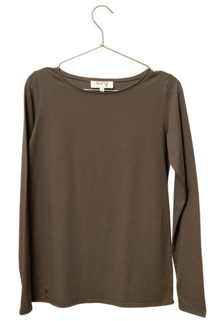 Tee-shirt JUNE café femme manches longues en coton bio avec col roulotté Suny