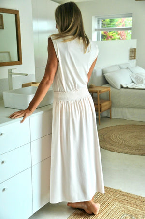 Jupe longue femme fluide smock à la taille jupon smocké jersey de coton bio GOTS éco-responsable robe bustier robe de plage rose poudre, rose pale