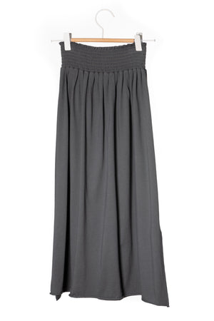 Jupe mi-longue femme fluide smock à la taille jupon smocké jersey de coton bio GOTS éco-responsable robe bustier robe de plage gris anthracite gris foncé charbon