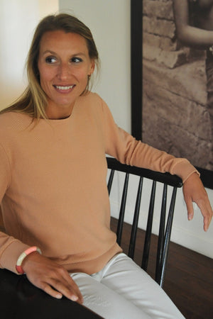 Pull femme manche longue col évasé ajusté en coton bio certifié GOTS rose des sables, rose doux, rose corail, rose brun, rose orange, vieux rose, rose ancien, rose beige, rose caramel