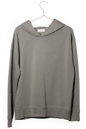 Sweat shirt basique homme coupe droite manche longue et bord-côte aux poignets et bas de corps capuche coton biologique certifié GOTS molleton gris kaki, gris, kaki, vert doux, gris vert