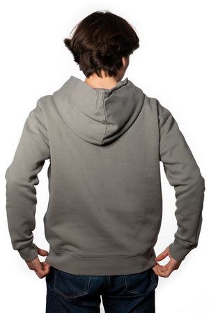 Sweat shirt basique homme coupe droite manche longue et bord-côte aux poignets et bas de corps capuche coton biologique certifié GOTS molleton gris kaki, gris, kaki, vert doux, gris vert