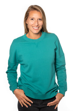 Sweat basique pour femme col rond manche longue manche tombante coton biologique certifié GOTS molleton vert émeraude, vert intense, vert lumineux, vert canard