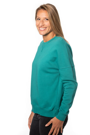Sweat basique pour femme col rond manche longue manche tombante coton biologique certifié GOTS molleton vert émeraude, vert intense, vert lumineux, vert canard