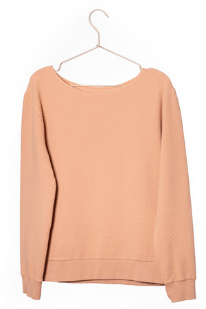 Pull femme manche longue col évasé ajusté en coton bio certifié GOTS rose des sables, rose doux, rose corail, rose brun, rose orange, vieux rose, rose ancien, rose beige, rose caramel
