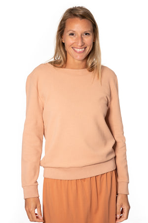 Pull femme manche longue col évasé ajusté en coton bio certifié GOTS rose des sables, rose doux, rose corail, rose brun, rose orange, vieux rose, rose ancien, rose beige, rose caramel