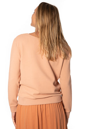 Pull femme manche longue col évasé ajusté en coton bio certifié GOTS rose des sables, rose doux, rose corail, rose brun, rose orange, vieux rose, rose ancien, rose beige, rose caramel