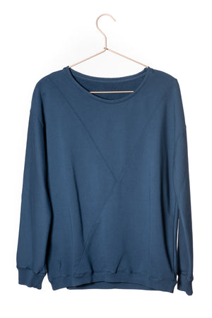 Pull sweat ajusté col rond pour femme en coton bio GOTS eco responsable marque suny bleu foncé bleu marine bleu soutenu