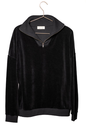 Suny pull camionneur col zippé montant femme velours lisse biologique GOTS noir