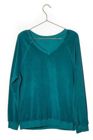 Sweat femme forme ajustée coton bio éco responsable et GOTS éponge bouclette col V vert émeraude, vert intense, vert lumineux, vert canard, vert bleu, vert vif, vert profond