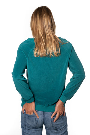 Sweat femme forme ajustée coton bio éco responsable et GOTS éponge bouclette col V vert émeraude, vert intense, vert lumineux, vert canard, vert bleu, vert vif, vert profond