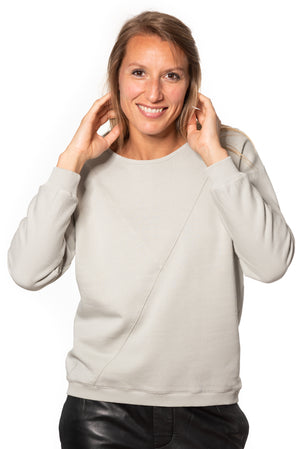 Pull sweat ajusté col rond pour femme en coton bio GOTS eco responsable marque suny gris clair vert sauge