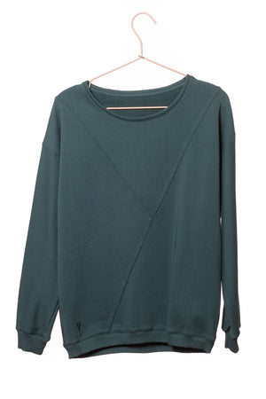 Pull sweat ajusté col rond pour femme en coton bio GOTS eco responsable marque suny de couleur vert foncé