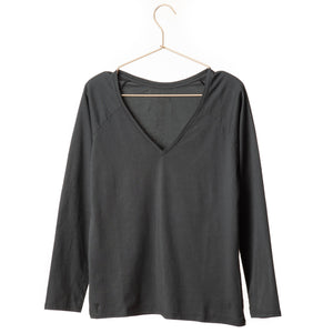 T shirt femme col V manche longue coton bio souple forme ajustée noir uni winter V suny