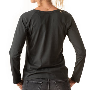 T shirt femme col V manche longue coton bio souple forme ajustée noir uni winter V suny