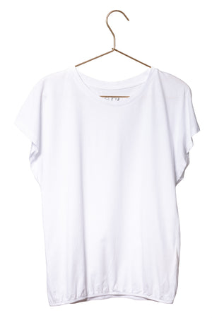 Tee shirt femme manche courte et volante forme droite, blousant et resserré en bas du corps coton bio GOTS, col rond blanc beige, blanc cassé, beige, écru, blanc pâle