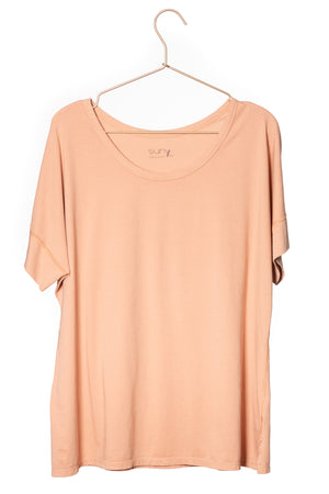 Tee shirt femme manche courte au coude ample et oversize, fente en bas de corps en coton bio GOTS, col arrondi et évasé rose des sables, rose doux, rose corail, rose brun, rose Thee