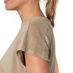 T shirt coton bio eco responsable femme col rond manche courte coupe droite meche sable beige suny