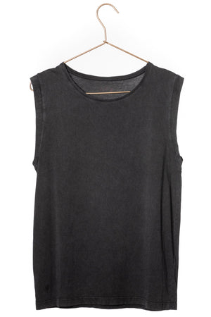 Tee shirt femme sans manche débardeur manche courte rock en coton jersey bio GOTS coupe droite, coupe ajustée, col rond noir vieilli, noir délavé, noir fade out, noir gris