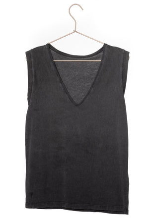 Tee shirt suny femme sans manche débardeur manche courte rock en coton jersey bio GOTS coupe droite, coupe ajustée, col V noir vieilli, noir délavé, noir fade out, noir gris