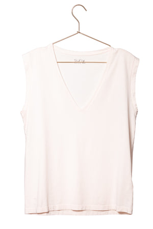 Tee shirt femme sans manche débardeur manche courte rock en coton jersey bio GOTS coupe droite, coupe ajustée, col V rose poudre rose pale beige rosé