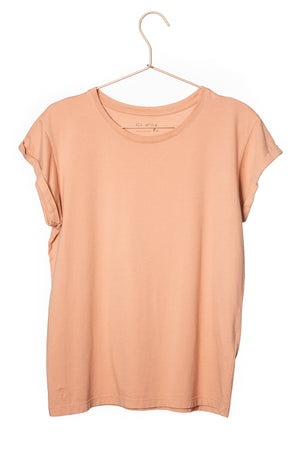 Tee shirt femme à manche courte retournée coupe droite en coton bio certifié GOTS col rond rose des sables, rose doux, rose corail, rose brun, rose orange, vieux rose, rose ancien, rose beige, rose caramel