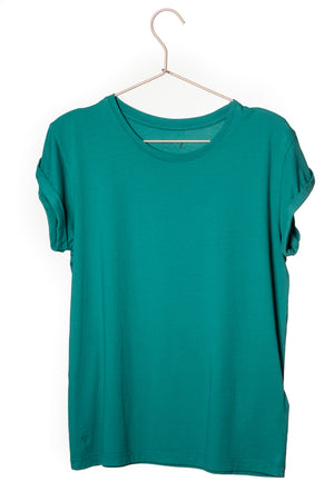 Tee shirt femme à manche courte retournée coupe droite en coton bio certifié GOTS col rond vert émeraude, vert intense, vert lumineux, vert canard, vert bleu, vert vif, vert profond
