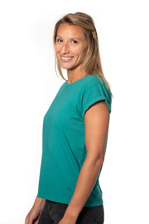 Tee shirt femme à manche courte retournée coupe droite en coton bio certifié GOTS col rond vert émeraude, vert intense, vert lumineux, vert canard, vert bleu, vert vif, vert profond