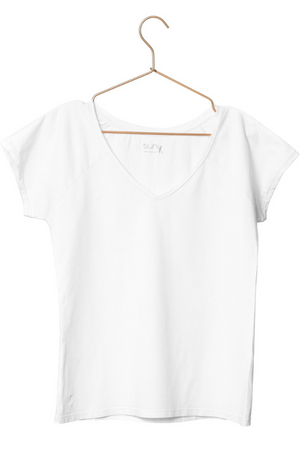 Tee shirt femme manche raglante courte, en coton bio GOTS éco responsable col V blanc beige, blanc cassé