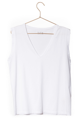 Tee shirt femme sans manche débardeur manche courte rock en coton jersey bio GOTS coupe droite, coupe ajustée, col V blanc beige, blanc cassé, beige, écru, blanc pâle