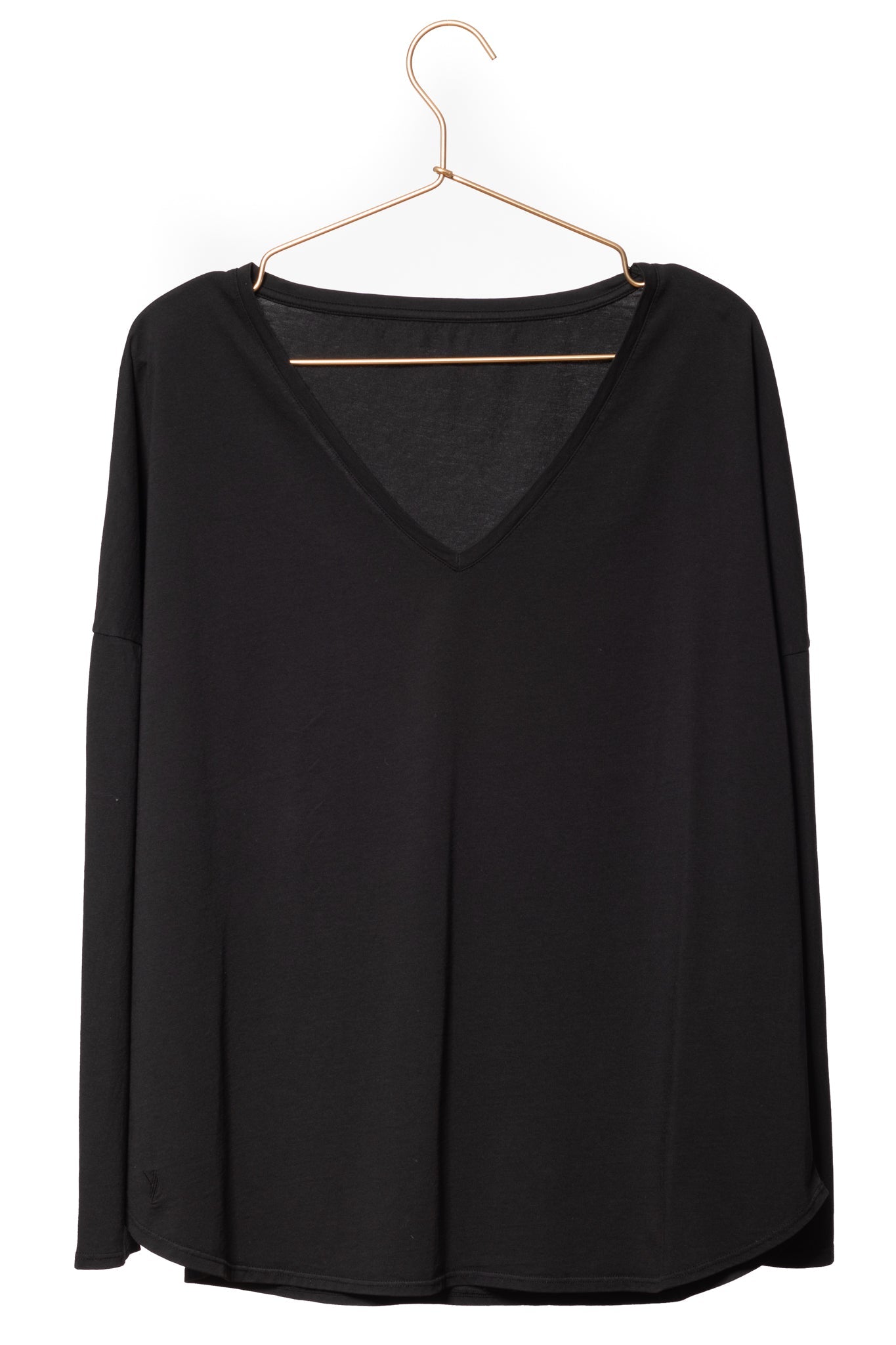 T shirt femme col V manche longue coton bio souple forme oversize noir