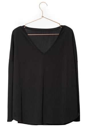 T shirt femme col V manche longue coton bio souple forme oversize noir