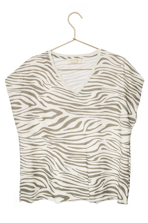 Tee shirt femme manche courte rock court et ample en coton bio GOTS éco responsable sans couture oversize col v imprimé zebre