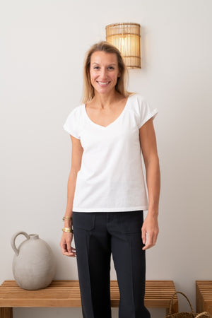 Tee shirt femme manche raglante courte, en coton bio GOTS éco responsable col V blanc beige, blanc cassé