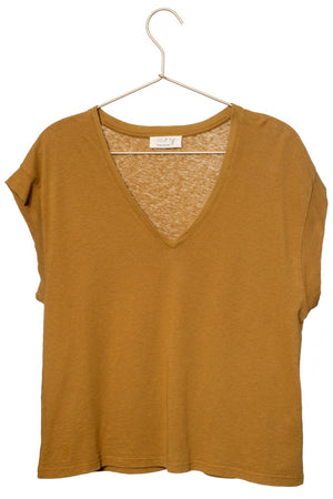 T-shirt suny basique femme col V coton et lin biologique coupe droite fabrication ecoresponsable havane tabac marron brun
