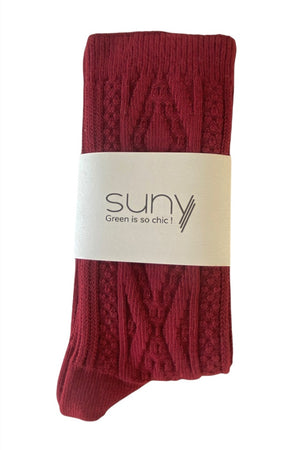 Chaussette à torsade en coton bio femme de couleur rouge bordeaux