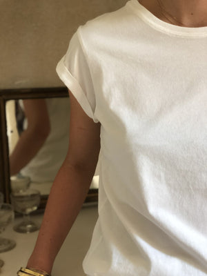 Tee shirt femme manche courte à revers forme droite ajustée col rond encolure ronde super Suny blanc en coton jersey bio GOTS et eco responsable