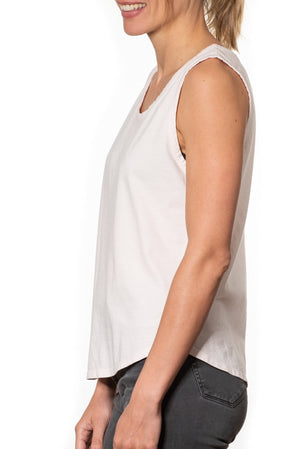 T shirt coton bio eco responsable femme debardeur col rond evase forme ajustée rose pale marcel suny