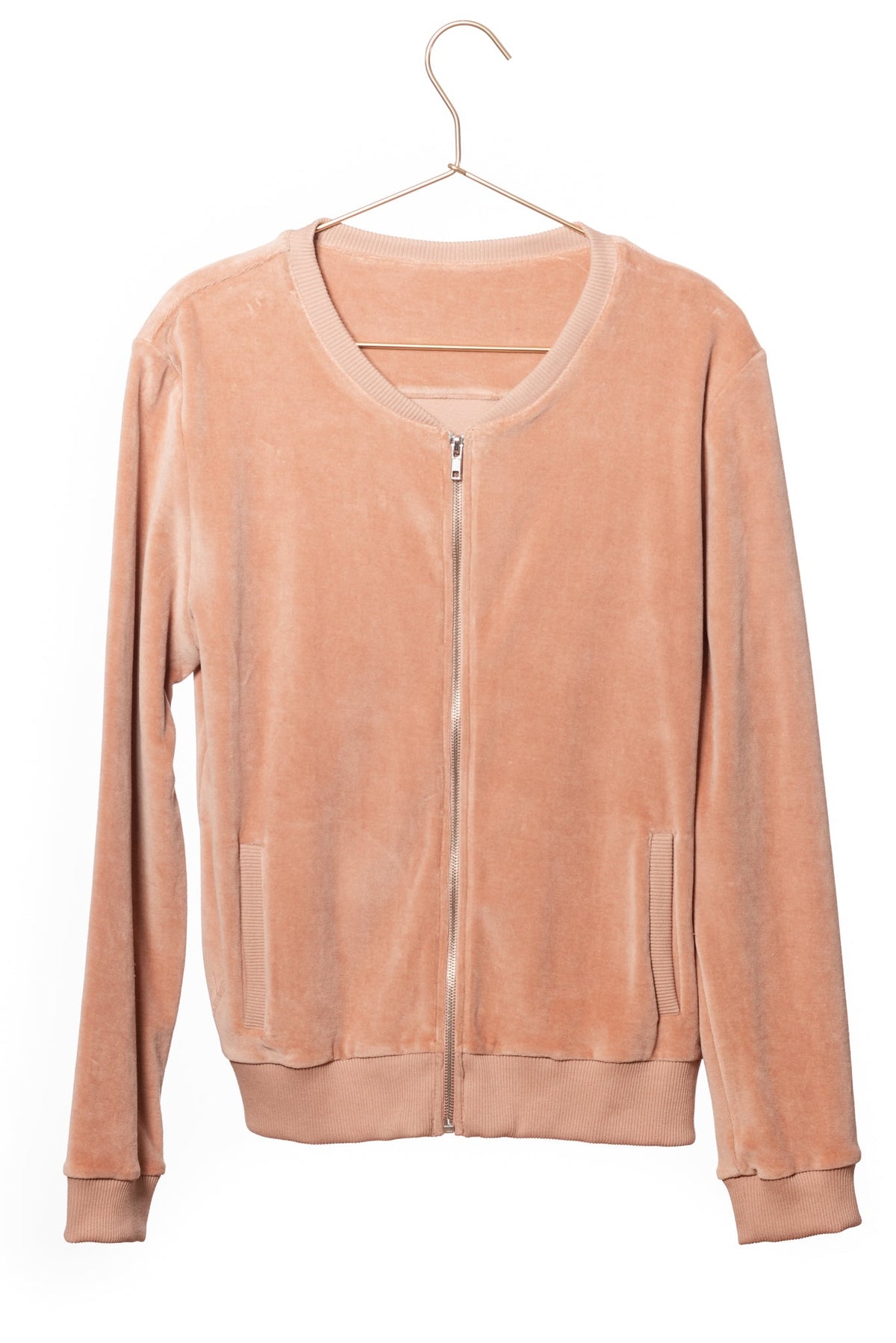 Blouson pour femme avec zip en velours lisse bio certifié GOTS eco-responsable vieux rose rose doux rose ancien rose pâle